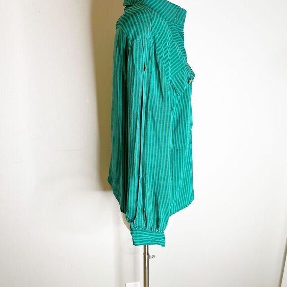 Vintage 80s Size M/L Silk Blouse Green Striped Popover Tunic Francesca of Damon - Picture 3 of 16
